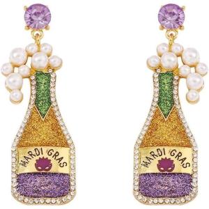 imageCZ Champagne Bottle Dangle Earrings for Women Girls Handmade Rhinestone Crystal Stud Celebration Statement Drop Dangling Dainty Mardi Gras Holiday Valentine Festival Jewelry GiftsPurple Green