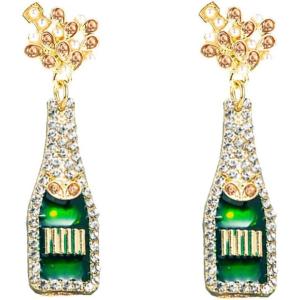 imageCZ Champagne Bottle Dangle Earrings for Women Girls Handmade Rhinestone Crystal Stud Celebration Statement Drop Dangling Dainty Mardi Gras Holiday Valentine Festival Jewelry GiftsClear