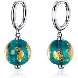 imageDainty Blue Earth Drop Dangle Small Hoop Earrings for Women Girls 925 Sterling Silver Gold Continents Round Murano Glass Ball Earring for Sensitive Ear Fashion Jewelry Souvenir Gift
