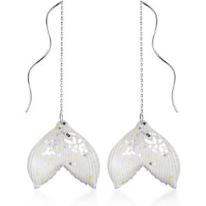 imageDainty Ocean Mermaid Tail Threader Dangle Earrings for Women 925 Sterling Silver Acrylic Sequins Fishtail Long Curved Line Wave Wire Drop Dangling Stud Earring Retro Birthday Cosplay Party Y2K Jewelry