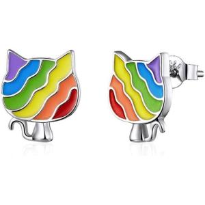 imageCute Rainbow Cat Stud Earrings for Women 925 Sterling Silver Small Animal Pet Studs Tragus Post Hypoallergenic LGBT Pride BFF Jewelry Gifts