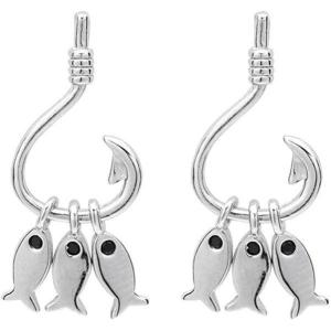 imageSterling Silver Fish Hook Earrings for Women Girls 925 Dangle Stud Tiny Cute 3 Fishes Fishing Tassel Drop Hypoallergenic Micro Black CZ Eye Dainty Funny Jewelry Gifts