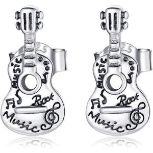 imageVintage Music Guitar Earrings for Women 925 Sterling Silver Hypoallergenic Small Cute Hollow Engraved Stud Cartilage Tragus Post Punk Rock and Roll Jewelry Gifts Birthday Christmas Holiday