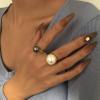 image2 PCs Bezel Pearl Statement Wedding Ring Set for Women Gold Vintage 2 Big Pearls Band Engagement Birthday Cocktail Party Rings Comfort Fit Retro Y2K Jewelry Size 7