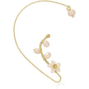 image1 PC Vintage Shell Pearl Flower Wrap Crawler Climber Non Piercing Earring for Women Girls Gold Plated Hypoallergenic Twisted Cuff Cartilage Vine Dainty Boho Handmade Birthday Wedding Jewelry for Right Ear