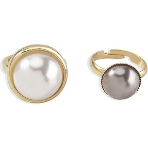 image2 PCs Bezel Pearl Statement Wedding Ring Set for Women Gold Vintage 2 Big Pearls Band Engagement Birthday Cocktail Party Rings Comfort Fit Retro Y2K Jewelry Size 7