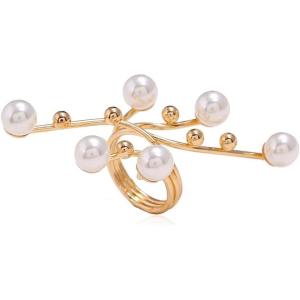 imageBig Branch Pearl Statement Ring for Women Gold Balls Faux Pearls Antique Expandable Layered Open Band Wrap Finger Rings Adjustable Comfort Fit Art Deco Exaggerated Jewelry