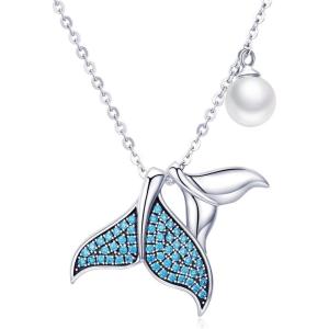 imageBlue Crystal Mermaid Tail Pearl Pendant Necklace for Women Teen Girls Sterling Silver Cute CZ Dainty Y Chain Delicate Jewelry Box