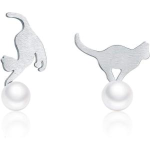 imageCute Pearl Cat Small Stud Earrings for Women S925 Sterling Silver Dainty Animal Kitty Play Ball Unique Tragus Post Pin Earring Funny Gifts for Best Friends Dauther Sister