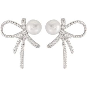 imageDainty Crystal Pearl Earrings 925 Sterling Silver CZ Twisted Studs Earring for Women Hypoallergenic Imitation 5mm Pearls Diamond Love Knot Cartilage Tragus Post Hypoallergenic Piercing Jewelry