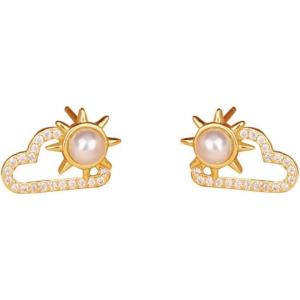 imageDainty Pearl Sun Cloudy Earrings 925 Sterling Silver CZ Small Stud Earring for Women Girls Cubic Zirconia Hypoallergenic Imitation Pearls Cute Cartilage Studs Tragus Post Delicate Clear Weather