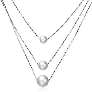 imageLayered Pearl Choker Necklace for Women Girls 925 Sterling Silver Tiny 3 Pearls Ball Bead Pendant Multilayer Long Tiered Box Chain Love Collar Necklace Dainty Jewelry 18quot