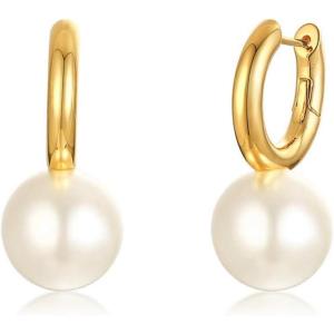 imageMinimalist Big Pearl Dangle Hoop Earrings for Women Round Tube Chunky Huggie Hoops Cuff Stud Clip 16mm Pearl Drop Earring Fashion Wedding Jewelry Birthday Valentines Day