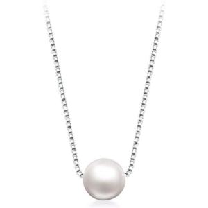 imageSingle Imitation Pearl Pendant Choker Necklace for Women S925 Sterling Silver 18k White Gold Plated Tiny Small Box Chain Jewelry Wedding Birthday Christmas for Mom 16 inch 6mm Pearl