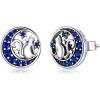 imageCute Cat Moon Star Sterling Silver Stud Earrings for Women Blue Cubic Zirconia Hypoallergenic Huggie Sleeper Round Cartilage Tragus Post Christmas Holiday Gift for Daughter Niece
