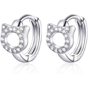 imageCute Cat Cubic Zirconia Cartilage Small Hoop Earrings for Women Teen Girls 925 Sterling Silver CZ Tiny Hollow Kitty Pet Hinged Huggie Sleeper Hoops Hypoallergenic for Sensitive Ear Dainty Jewelry