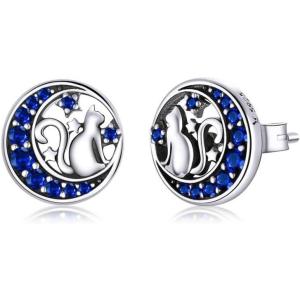 imageCute Cat Moon Star Sterling Silver Stud Earrings for Women Blue Cubic Zirconia Hypoallergenic Huggie Sleeper Round Cartilage Tragus Post Christmas Holiday Gift for Daughter Niece