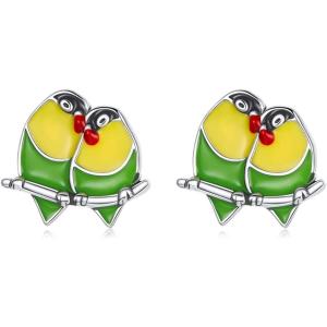 imageCute Couple Bird Stud Earrings for Women Girls 925 Sterling Silver Tiny Small Animal Pet Enamel Yellow Green Feather Hummingbirds Branch Cartilage Tragus Post Nickel Free Piercing Ear Jewelry Dainty Gifts