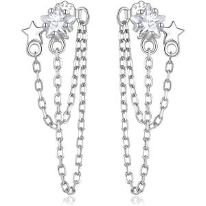imageCute Stars Tassel Earrings 925 Sterling Silver Chain Dangle Drop Earring for Women Girls Hypoallergenic Cubic Zirconia Shooting Star Studs Fashion Exquisite Lightweight Jewelry Gifts Christmas Birthday