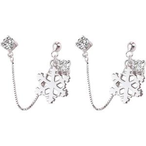 imageSnowflake Double Piercing Tassel Chain Drop Dangle Crystal Ball Bead Stud Earrings for Women S925 Sterling Silver CZ 2 Hole Tragus Post Pin Jewerly Cute Dainty Christmas Winter Party