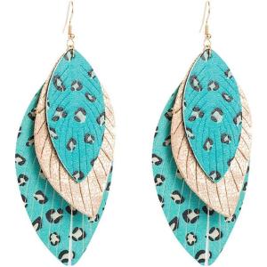 imageBoho Layered Leather Leaf Earrings for Women Vintage Leopard Print Long Big Summer Statement Drop Dangle Hook Stud Lightweight Vintage Bohemian Beachy Jewelry Green