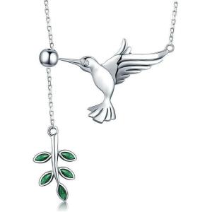 imageDtja Crystal Olive Leaf Hummingbird Necklace for Women 925 Sterling Silver Green Rhinestone Ball Bead Oxidized Bird Pendant Necklace Adjustable Chain Fashion Retro Jewelry for Mother Aunt Ladies