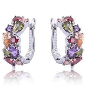 imageHuggie Austrian Crystal Hoop Earrings AAA Cubic Zirconia Lever Back Earring for Women Girls Silver Plated Crystal Teardrop Leaf Cluster Elegant Wedding Birthday Party Jewelry Gift Colorful