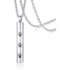 imagePawprint Urn Stainless Steel Pendant Necklace for Women Girls Men Polished Cylinder Charm Chain 20 inches Ashes Cremation Keepsake Memorial Jewelry for Dog Cat Pet Lover