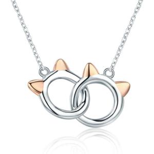 imageInfinity Love Heart Cat Necklace for Women Girls 925 Sterling Silver TwoTone Hollow out Mother and Daughter Kitten Ear Pendant Choker Necklace Double Interlocking Circles Jewelry Cute Delicate