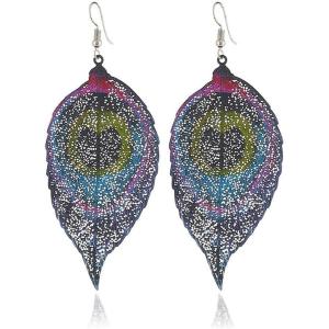 imageFiligree Long Leaf Drop Statement Earrings for Women Girls Vintage Bohemian Colorful Leaves Dangle Stud Hook Earring Fashion Dainty Boho Ethnic Jewelry Heart