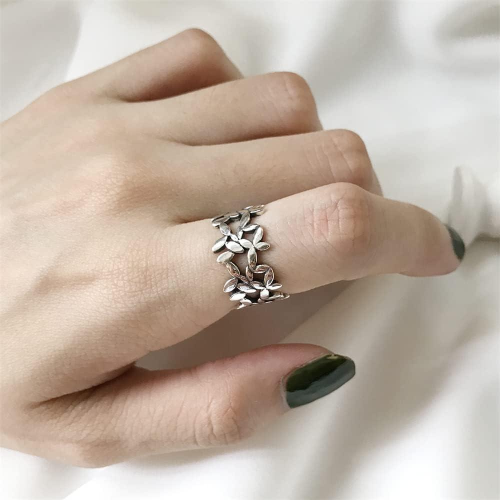 imageVintage Leaf Statement Ring for Women Girls Silver Plated Small Leaves Grass Wide Band Wrap Finger Rings Comfort Fit Fashion Jewelry Size 67