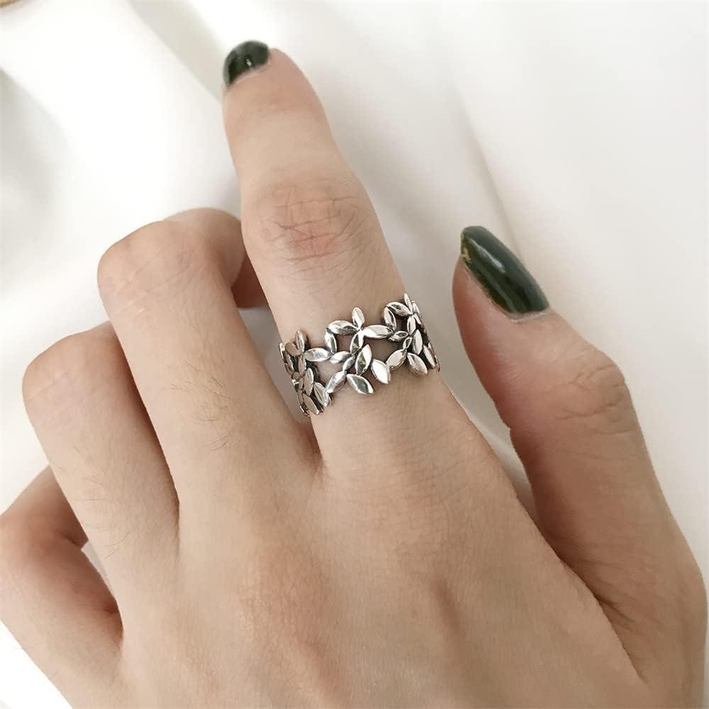 imageVintage Leaf Statement Ring for Women Girls Silver Plated Small Leaves Grass Wide Band Wrap Finger Rings Comfort Fit Fashion Jewelry Size 67