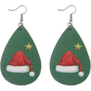 imageLeather Teardrop Christmas Tree Earrings for Women Girls Multiple Lightweight Big Statement Dangle Drop Hook Stud Nickle Free Jewelry Gifts Christmas New Year HolidayStar  Hat