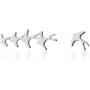 imageSwallow Bird Sterling Silver Earrings for Women Cute Hummingbird Cuff Wrap Crawler Climber Stud Earrings Asymmetrical Brushed Animal Post Pin Delicate Piercing Ear Jewelry SilverToned