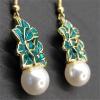 imageVintage Flower Pearl Dangle Earrings for Women Girls Gold Tone Enameled Bluegreen Leaf Petal Cluster Imitation Pearls Drop Dangling Fish Hook Stud Lightweight Retro Holiday Valentine Birthday Party
