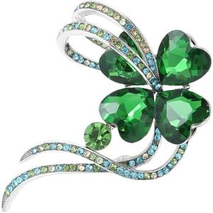 imageRhinestone Clover Flower Bow Brooch Pin for Women Silvery Fashion Green Crystal Shamrock Heart Leaf Brooches Lapel Pins Lucky Dress Accessories St Patricks Day Jewelry Gift