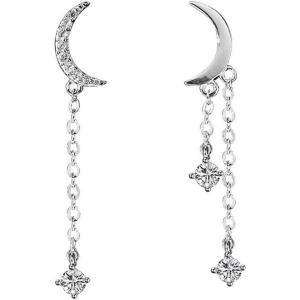 imageCZ Moon Star Tassel Dangle Earrings for Women Girls 925 Sterling Silver Cute Asymmetric Charms Chain Crescent Drop Dangling Stud Dainty Birthday Christmas Party Jewelry Gifts