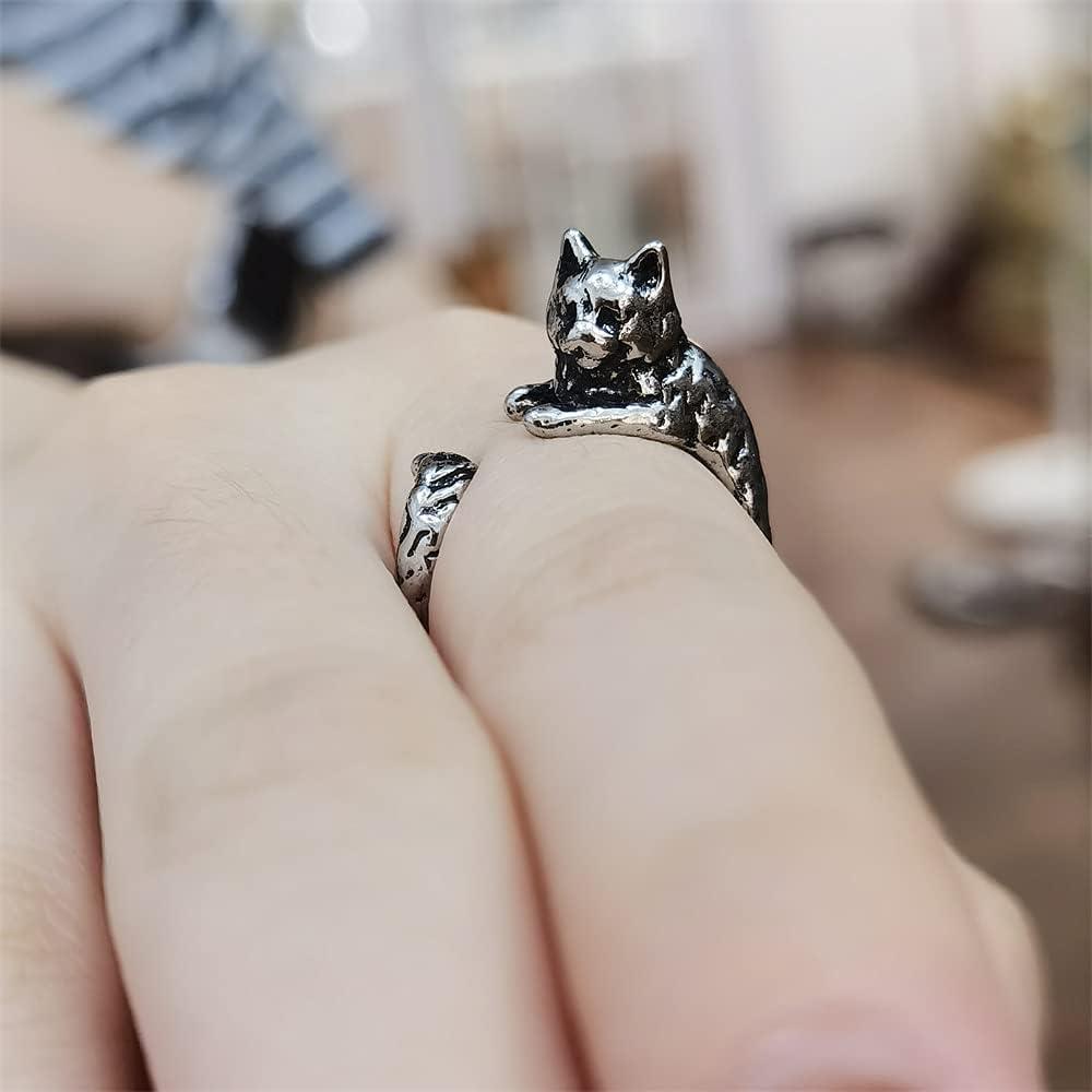 imageDtja Antique Cat Statement Open Wrap Ring for Women Girls Gothic Animal Paw Sideway Tails Finger Rings Comfort Fit Punk Vintage Jewelry Size 8
