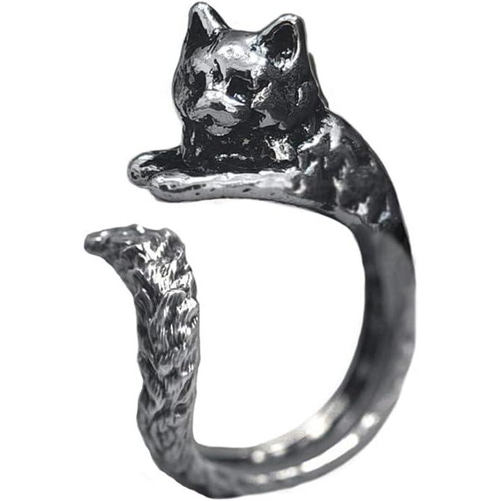 imageDtja Antique Cat Statement Open Wrap Ring for Women Girls Gothic Animal Paw Sideway Tails Finger Rings Comfort Fit Punk Vintage Jewelry Size 8