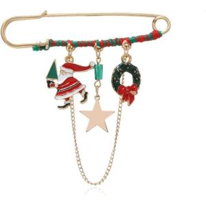 imageCute Gold Christmas Brooch Pin for Women Girls Rhinestone Enameled Green Red Santa Claus Star Flower Wreath Tassel Chain Drop Dangle Lapel Pins Sweater Shawl Dress Accessories Xmas Jewelry Gift