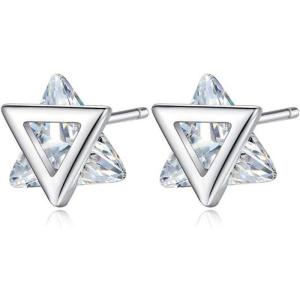 imageMinimalist Triangle CZ Stud Earrings for Women S925 Sterling Silver Tiny Small Cute Geometrical David Star Sparkling Cubic Zirconia Hypoallergenic Ear Studs Tragus Post Clear Crystal