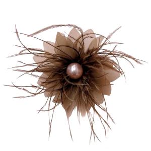 imageLady Fascinator Feather Flower Brooch for Women Elegant Shell Pearl Mesh Blossom Hair Clip Wedding Corsage Lapel Pin Bridal Hairband Derby Hat Cocktail Party Costume Accessories WhiteBrown
