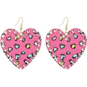 imageRetro Leather Love Heart Drop Earrrings for Women Girls AB Crystal Long Big Leopard Print Statement Drop Dangle Hook Handmade Lightweight Beachy Christmas Holiday Y2K Jewelry Pink