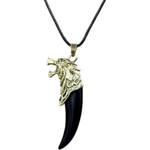 imageVintage Dragon Wolf Fang Tooth Pendant Necklace for Men Women Gold Tone Unisex Punk Rock Black Cone Braided Rope Chain Adjustable Bohemian Artificial Tribal Jewelry