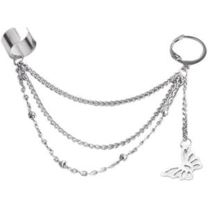 imageVintage Tassel Dangle Ear Cuff Crawler Climber Earring for Women Girls Stainless Steel Cartilage Small Hoop Wrap Vine Clip on Layered Chain Drop Fashion Lightweight Comfy Jewelry 1 Piece Butterfly