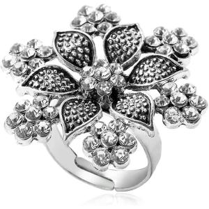 imageVintage Big Flower Statement Ring for Women Girls Silver Plated Oxidized Cubic Zirconia Adjustable Expandable Snowflake Open Wrap Rings Comfort Fit Boho India Bollywood Rhinestone Wedding Birthday Party Jewelry