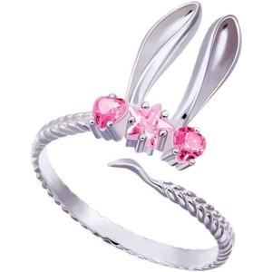 imageDtja Pink CZ Rabbit Statement Stacking Ring for Women Silver Plated Love Heart Star Crystal Zirconia Animal Bunny Pet Ear Adjustable Promise Open Wrap Finger Rings Comfort Fit Easter Birthday Jewelry