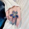 imageDtja Shiny Crystal Flower Statement Ring for Women Girls Gold Plated Bling CZ Delicate Lightweight Adjustable Expandable Open Wrap Finger Rings Comfort Fit Boho Y2K Jewelry Wedding Birthday ChristmasBlue