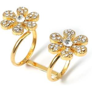 imageCZ Double Flower Statement Rings for Women Girls 14K Gold Plated Adjustable Expandable Long Wrap Finger Ring Comfort Fit Dainty Wedding Birthday Cotail Party Jewelry Size 79