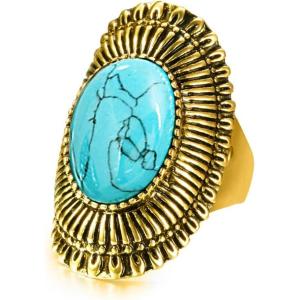 imageDtja Exaggerated Boho Turquoise Wide Band Statement Ring for Women Gold Tone Vintage Big Band Finger Rings Comfort Fit Bohemian Ethnic Style Birthday Christmas Party Jewelry Size 78
